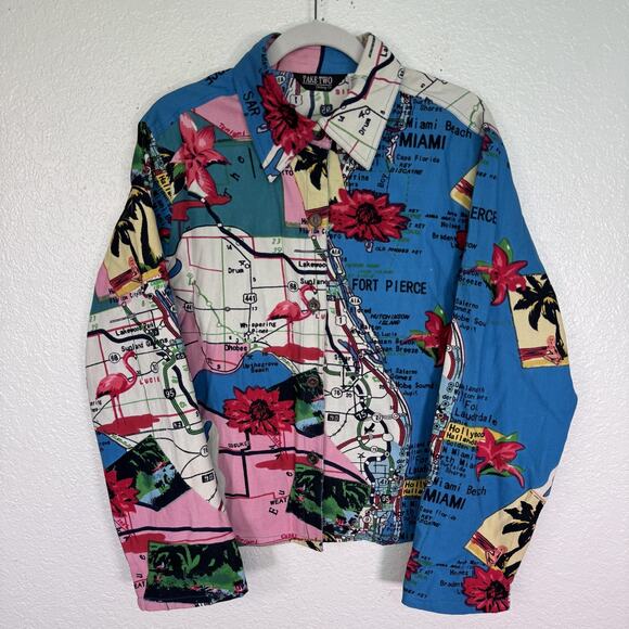 Vintage Florida Jacket Womens XL State Map Print Flamingo Tropical Take Two NEW - Picture 1 of 11